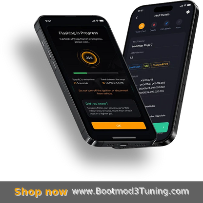 Bootmod3 S58 tuning interface for BMW M series, featuring a sleek digital screen with tuning controls and branding.