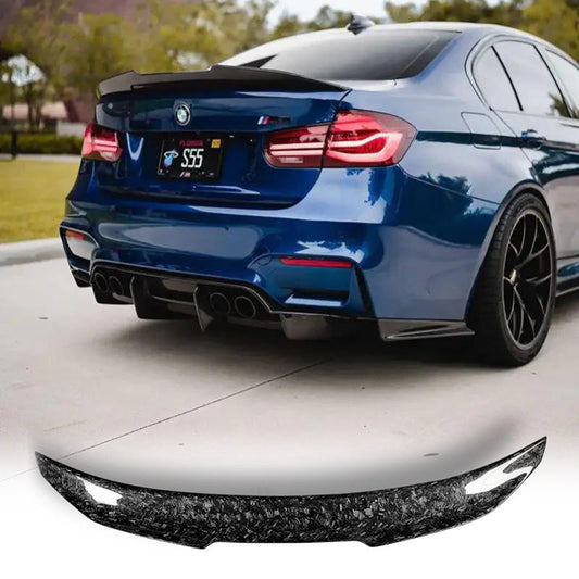 BMW F22 & F87 M2 forged carbon fiber trunk spoiler, PSM style, with sleek aerodynamic design and textured carbon fiber finish.