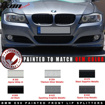 K2 Industries front bumper lip splitter for BMW E90 3-Series 2009-2012, OE color, 2-piece spoiler set for improved aerodynamics.