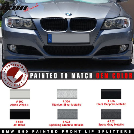 K2 Industries front bumper lip splitter for BMW E90 3-Series 2009-2012, OE color, 2-piece spoiler set for improved aerodynamics.