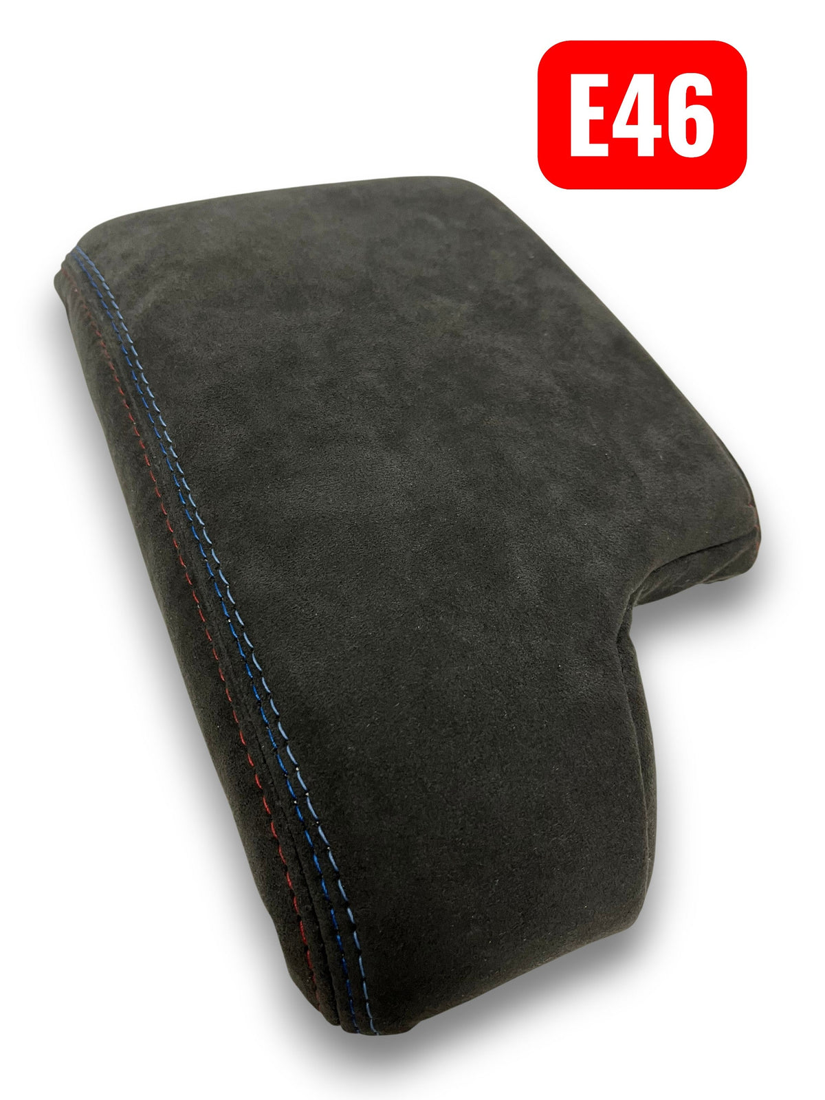 Charcoal black Alcantara BMW E36 E46 center console armrest cover by JTS Custom Upholstery, fits 1994-2006 models.