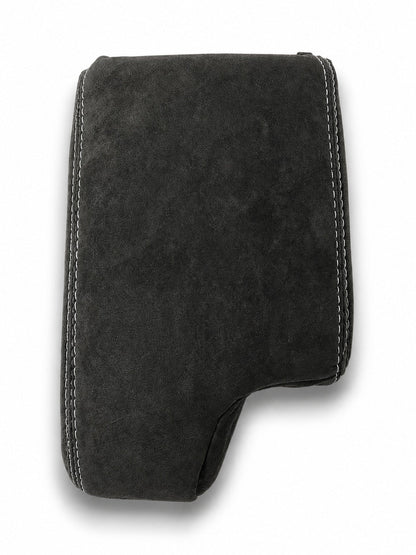 Charcoal black Alcantara BMW E36 E46 center console armrest cover by JTS Custom Upholstery, fits 1994-2006 models.