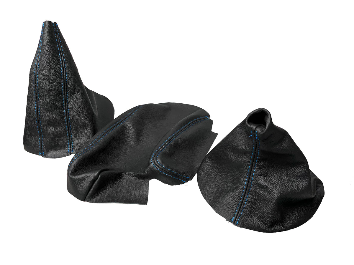 Genuine leather BMW E36 E46 3 Series center console armrest cover with shift and handbrake boot, black upholstery.