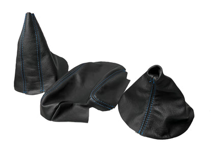 Genuine leather BMW E36 E46 3 Series center console armrest cover with shift and handbrake boot, black upholstery.
