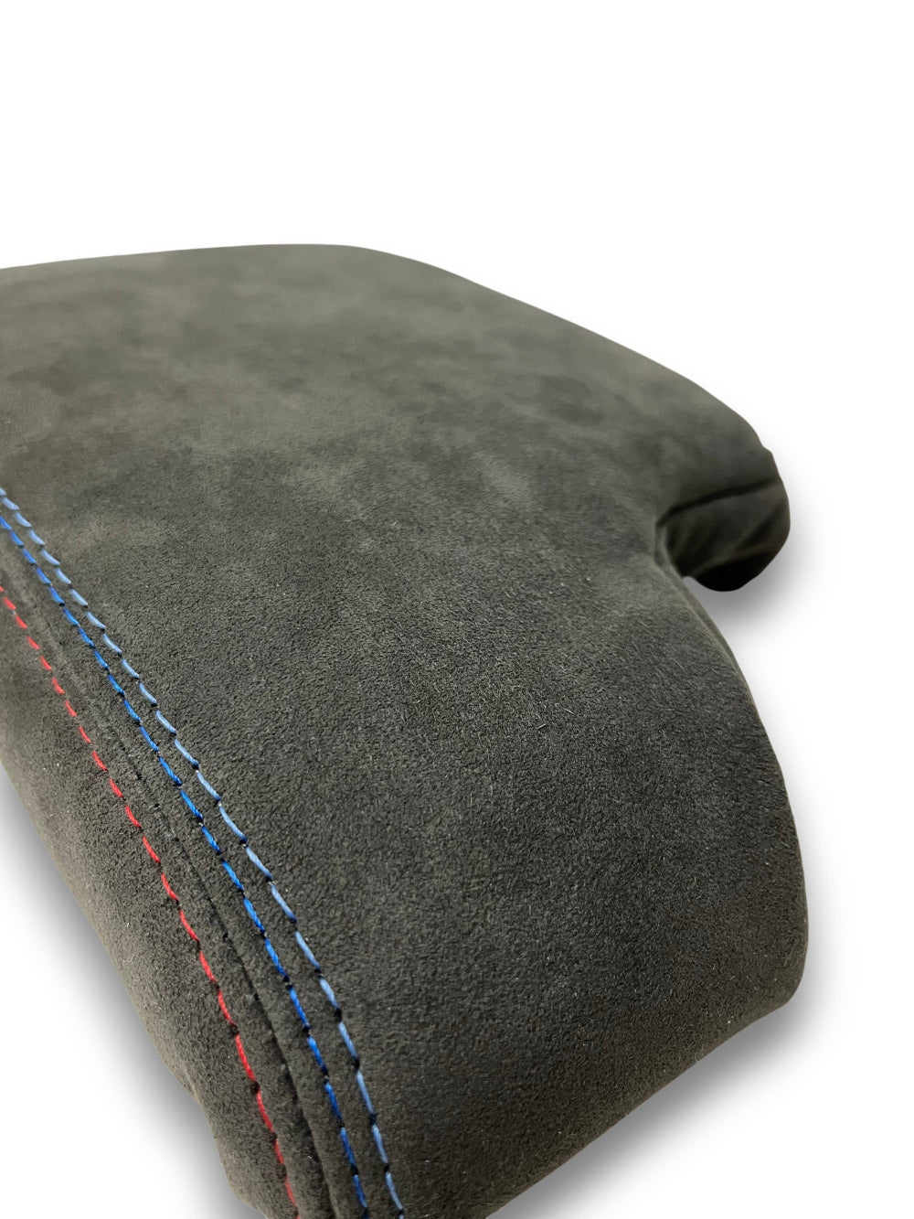 Charcoal black Alcantara BMW E36 E46 console armrest cover, custom upholstery for center console lid, designed for 1994-2006 models.