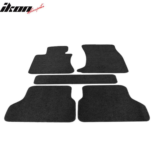 Black nylon car floor mats for BMW E60 5 Series, 2004-2009, five-piece carpet set by K2 Industries, shown with border detail.