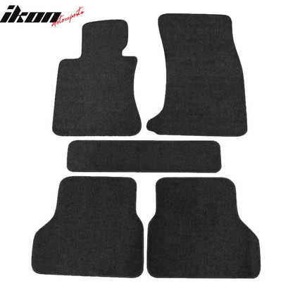 Black nylon car floor mats for BMW E60 5 Series 2004-2009, 5-piece set by K2 Industries, showing textured carpet with border detail.