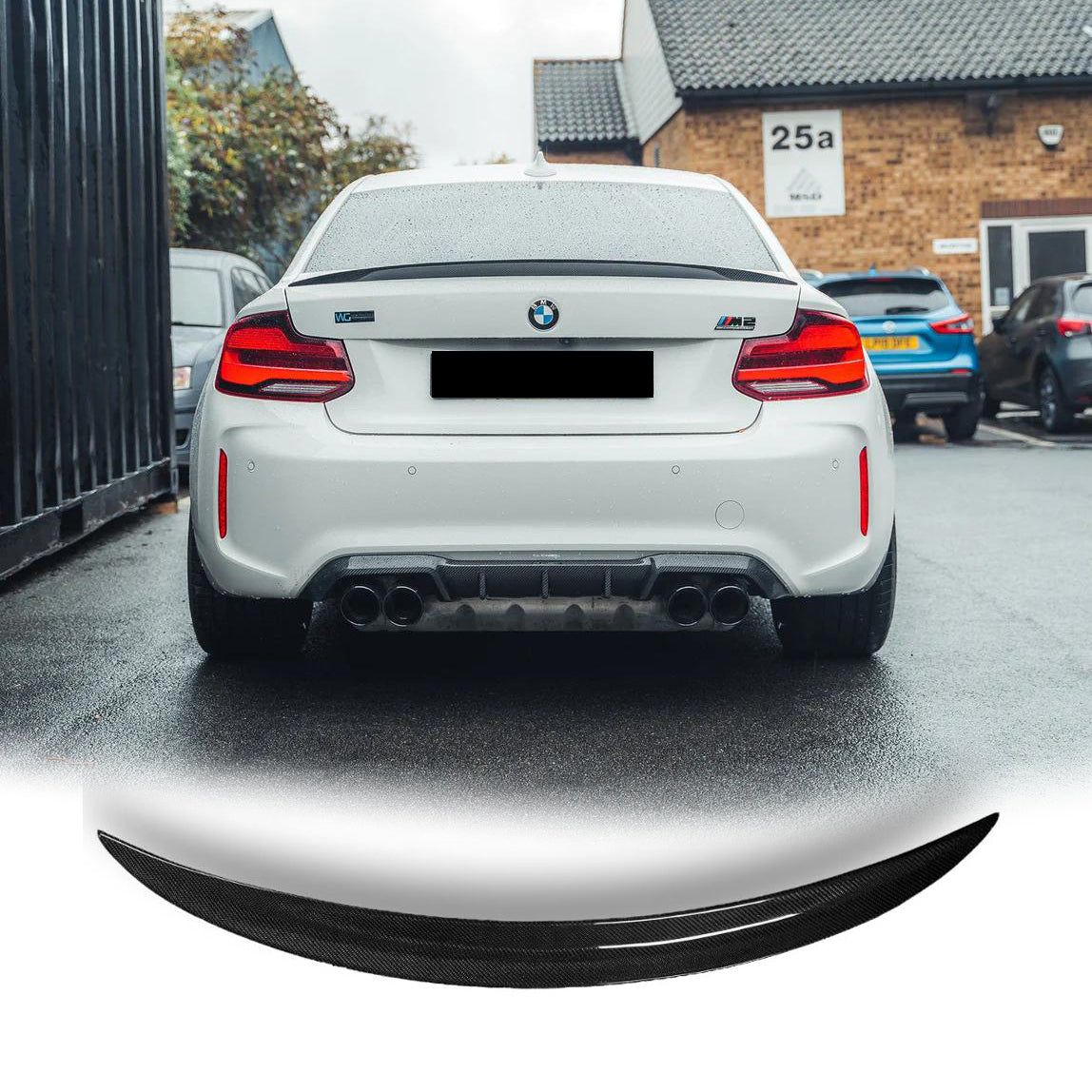Carbon fiber BMW F87 M2 and F22 2 Series MP style trunk spoiler by Palenon Performance, showcasing sleek, sporty design.
