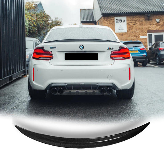 Carbon fiber BMW F87 M2 and F22 2 Series MP style trunk spoiler by Palenon Performance, showcasing sleek, sporty design.