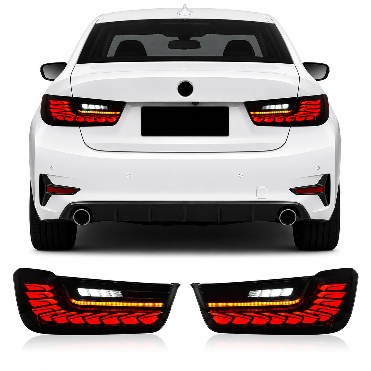 Vekto BMW 3 Series G20 G28 and M3 G80 Dragon Scale LED tail lights, rear view, showcasing intricate LED design and sleek styling.