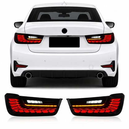 Vekto BMW 3 Series G20 G28 and M3 G80 Dragon Scale LED tail lights, rear view, showcasing intricate LED design and sleek styling.