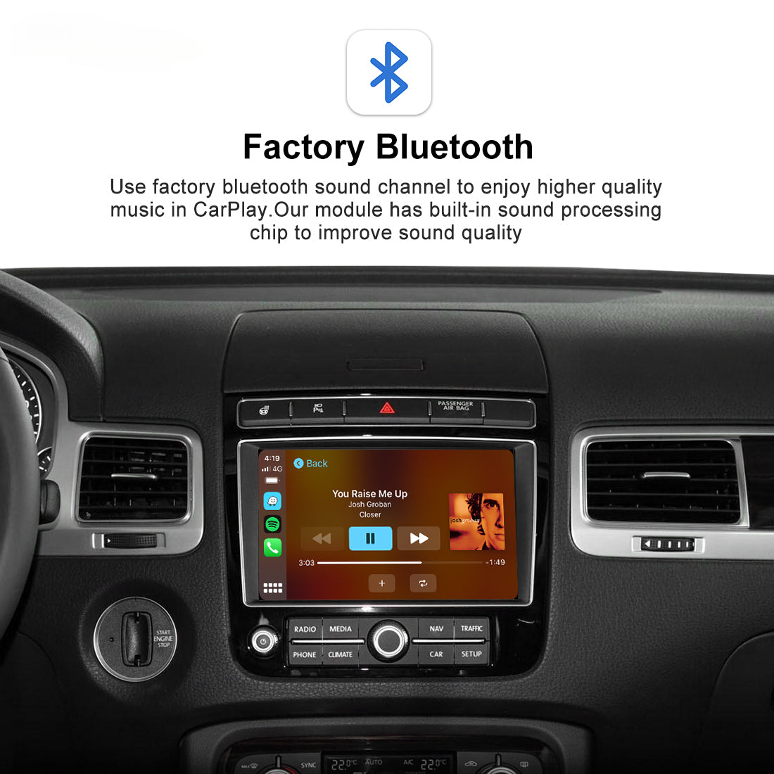 Car dashboard display showing a Bluetooth media interface with text above reading 'Factory Bluetooth' and a Bluetooth icon, installed in a vehicle console.