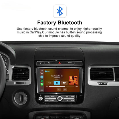 Car dashboard display showing a Bluetooth media interface with text above reading 'Factory Bluetooth' and a Bluetooth icon, installed in a vehicle console.