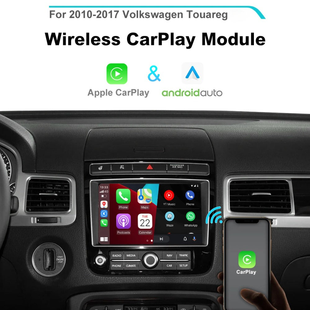 A wireless CarPlay module shown installed in a car dashboard, with a hand holding a smartphone displaying the CarPlay interface nearby. Text at the top reads 'For 2010-2017 Volkswagen Touareg' and 'Wireless CarPlay Module,' with Apple CarPlay and androidauto logos shown below.