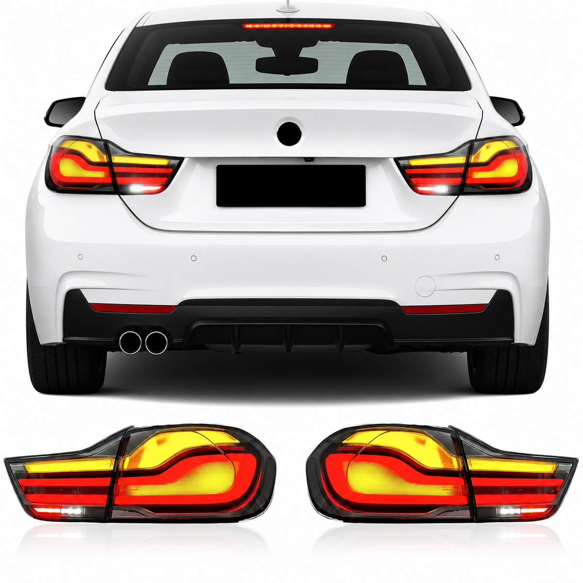 Vekto clear LED taillights for BMW 4 Series F32/F33/F36 and M4 F82/F83 models, 2014-2020, showing sleek rear lighting design.