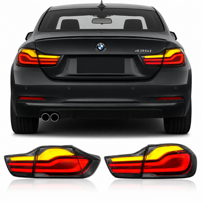 BMW 4 Series F32 and M4 F82 clear LED tail lights with dynamic turn signals by Vekto, installed on 2012-2018 models.