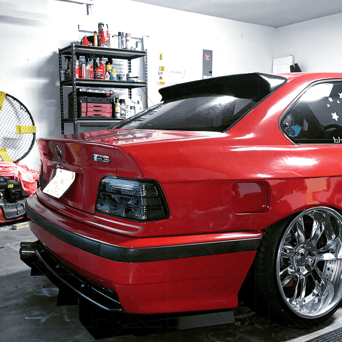 BMW E36 Coupe tail lights with smoked and clear lens options, by K2 Industries, showing front and rear views of the lights.
