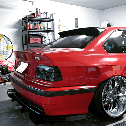 BMW E36 Coupe tail lights with smoked and clear lens options, by K2 Industries, showing front and rear views of the lights.