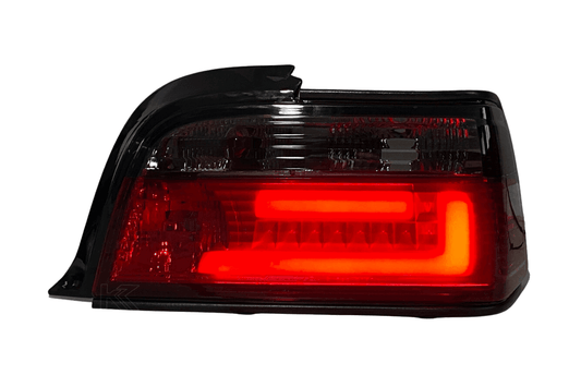 BMW E36 coupe and convertible JDM red and smoke LED bar tail lights by K2 Industries, featuring sleek design and bright illumination.