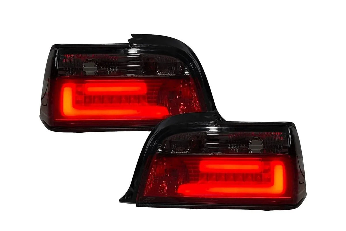 BMW E36 Coupe/Convertible JDM red smoke LED bar tail lights by K2 Industries, showing close-up of red and smoke lens design.