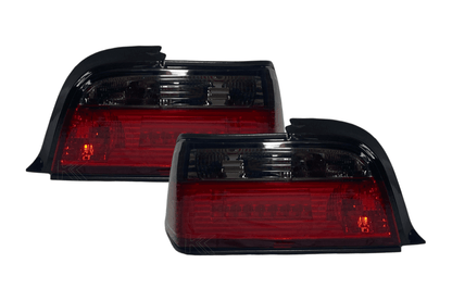 BMW E36 coupe and convertible JDM red smoke LED bar tail lights by K2 Industries, showcasing sleek automotive lighting design.