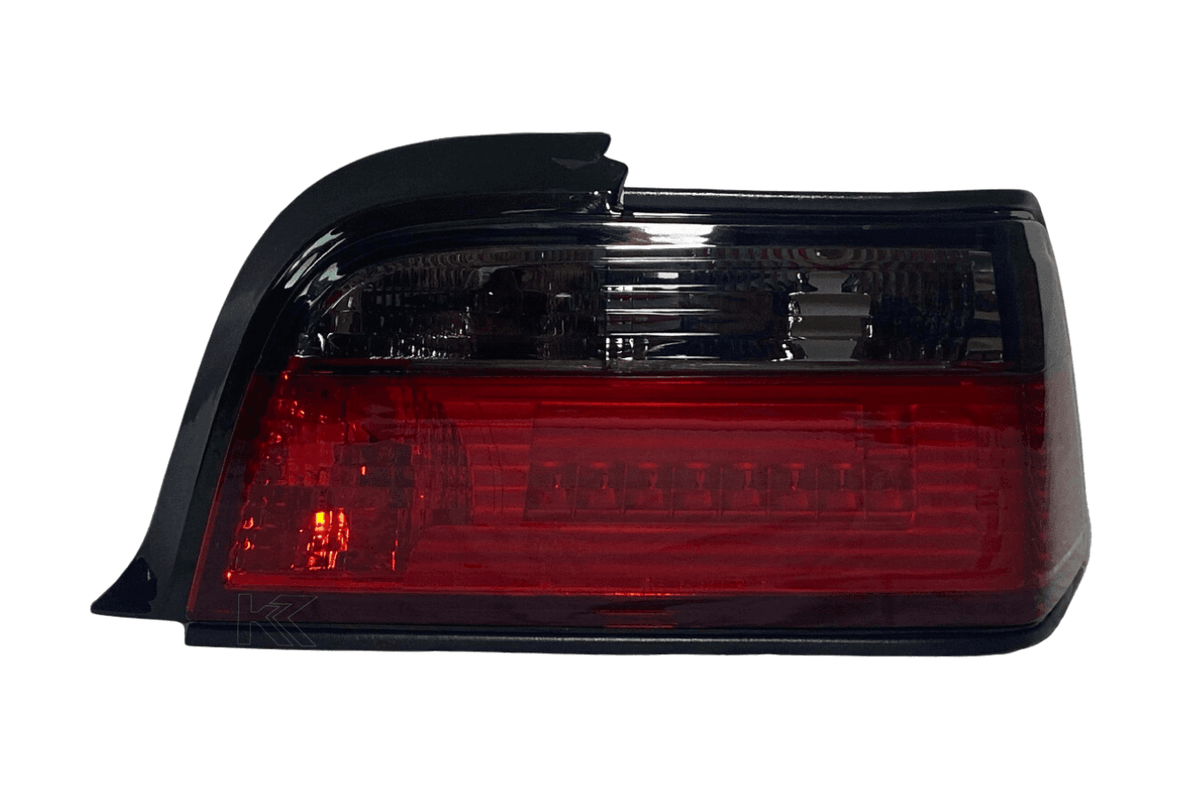 BMW E36 coupe and convertible JDM red smoke LED bar tail lights by K2 Industries, showcasing sleek rear lighting for 1991-1998 models.