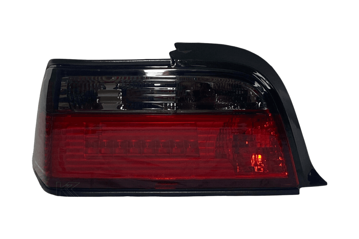 BMW E36 coupe and convertible JDM red smoke LED bar tail lights by K2 Industries, showing sleek red and smoke finish with LED design.