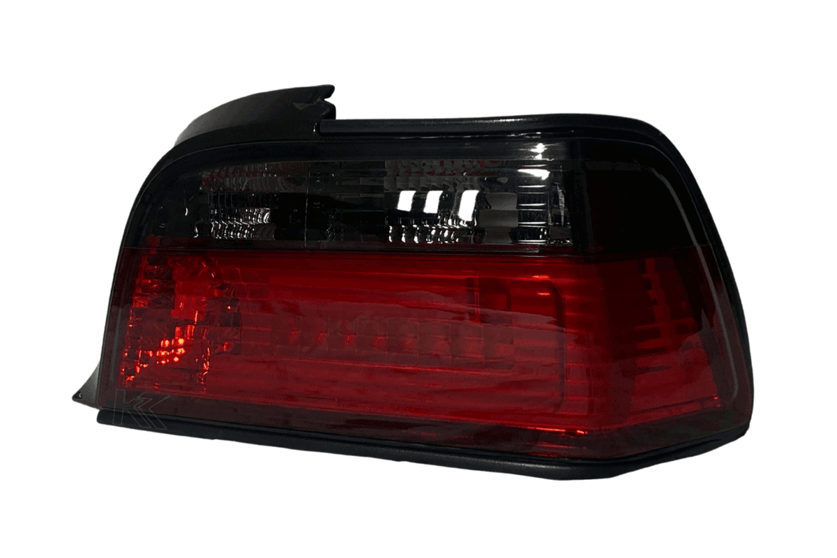 BMW E36 coupe and convertible JDM red smoke LED bar tail lights by K2 Industries, showcasing sleek automotive lighting.