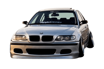 BMW E46 Sedan/Touring front lip in JDM style V1 by K2 Industries, showcasing the sleek, aerodynamic design on a white car.