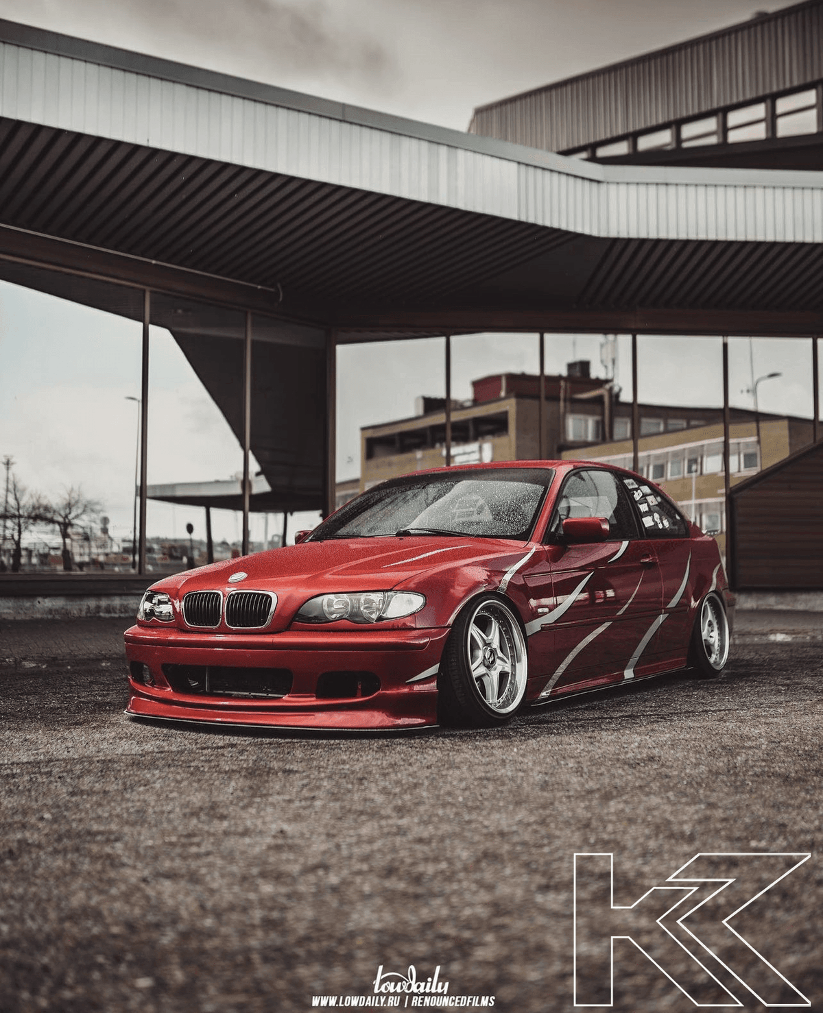 BMW E46 Sedan/Touring front lip by K2 Industries in JDM style V1, designed for 1999-2006 models, shown in black with aerodynamic design.