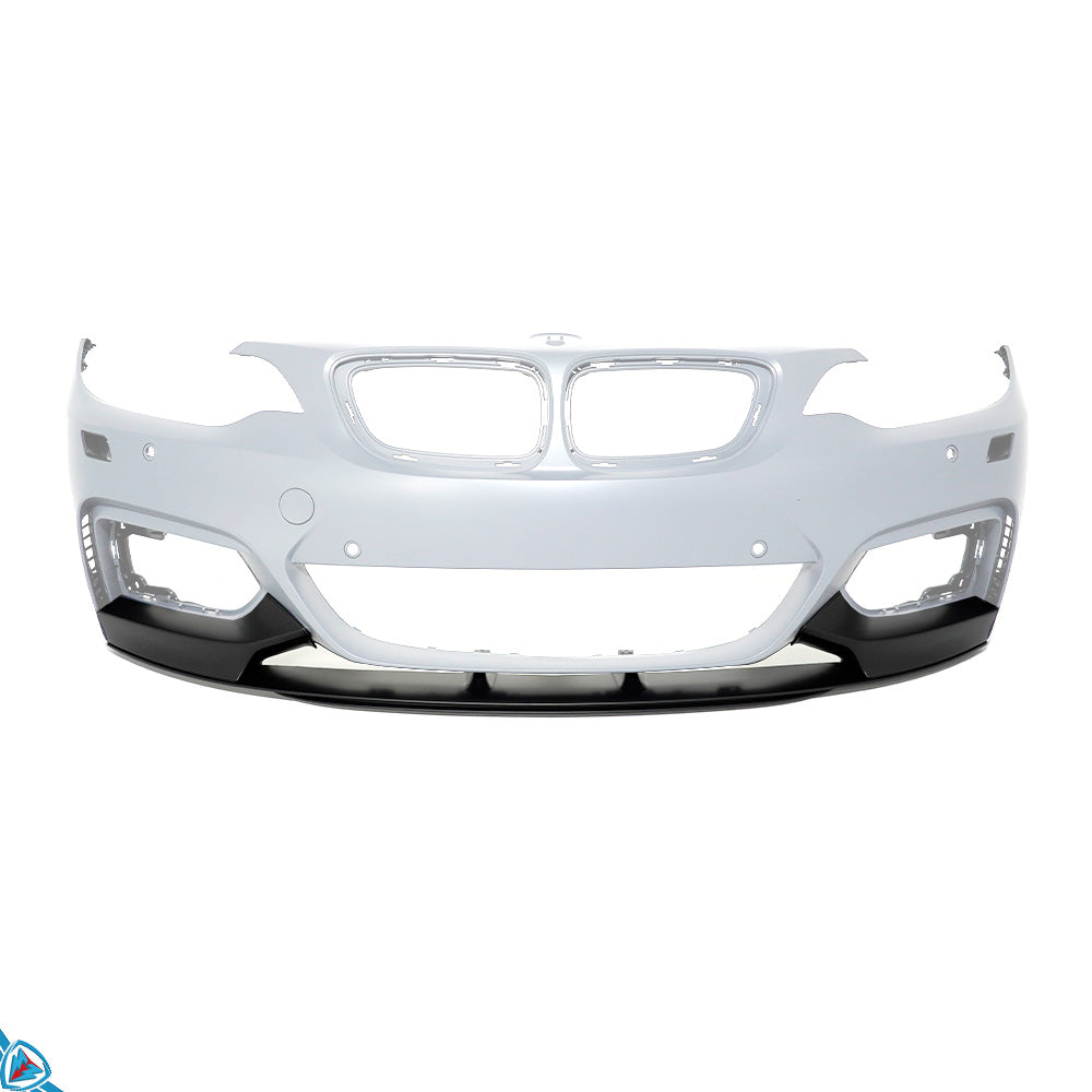 BMW 2 Series F22/F23 M-Sport style ABS front lip installed on front bumper, showcasing sleek aerodynamic design and finish.