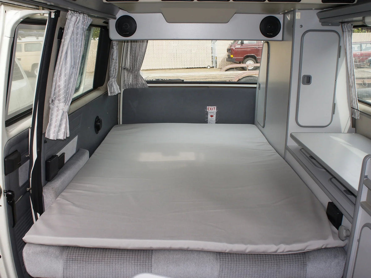 GoWesty slipcover for medium mattress topper, gray fabric cover shown flat