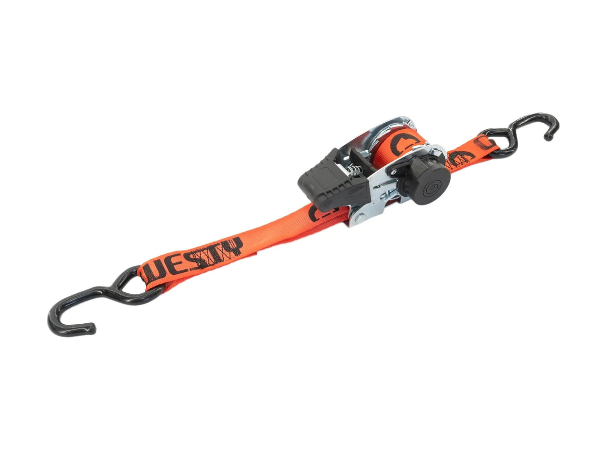 GoWesty self-retracting ratchet strap with metal hook and adjustable length for securing cargo or equipment.