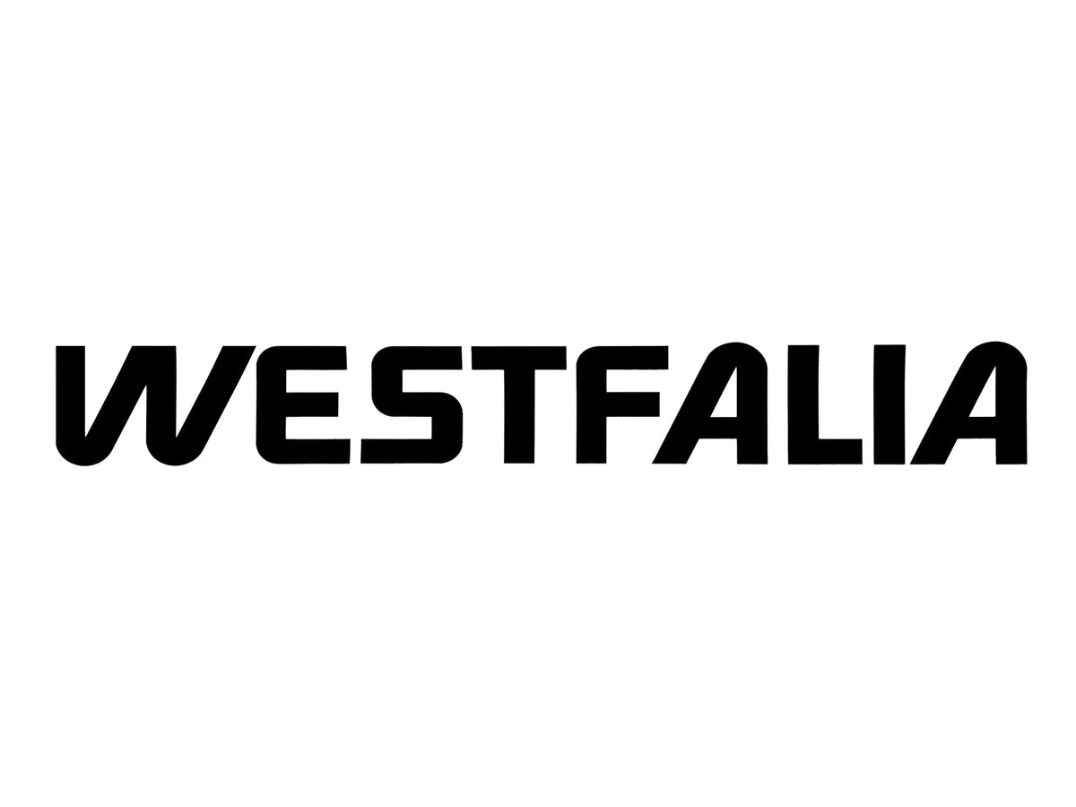 Black Westfalia pop-top decal by GoWesty, featuring bold lettering on a clear background for campervan customization.