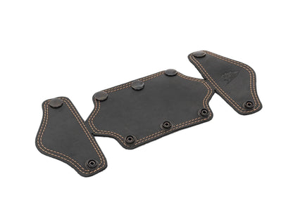 GoWesty interior leather trim kit showing close-up of black leather panels and stitching for vehicle interior upgrade.