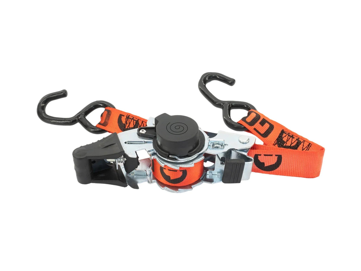 GoWesty self-retracting ratchet strap with metal hook and durable nylon webbing for secure cargo securing.