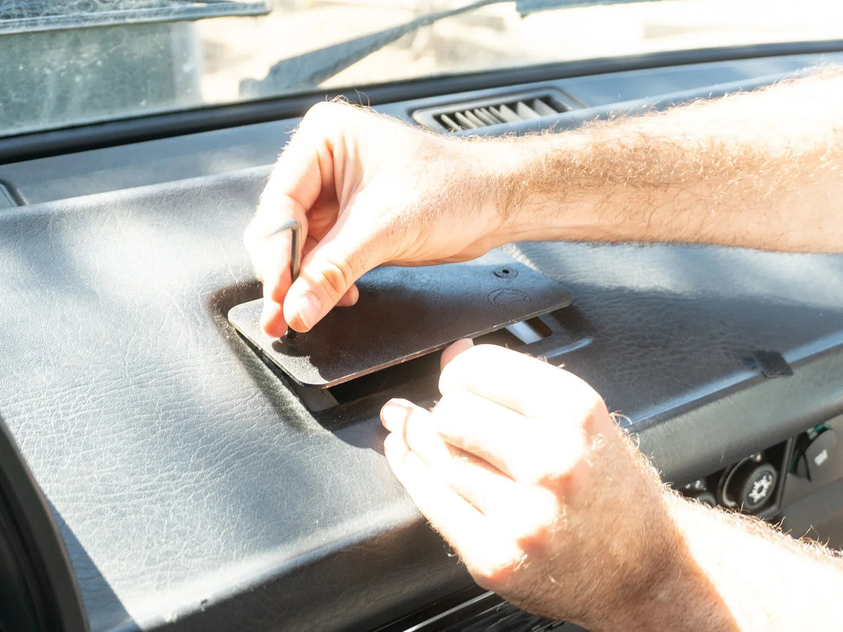 GoWesty Vanagon ashtray delete kit for the front interior, showing the clean, custom-installed replacement panel.