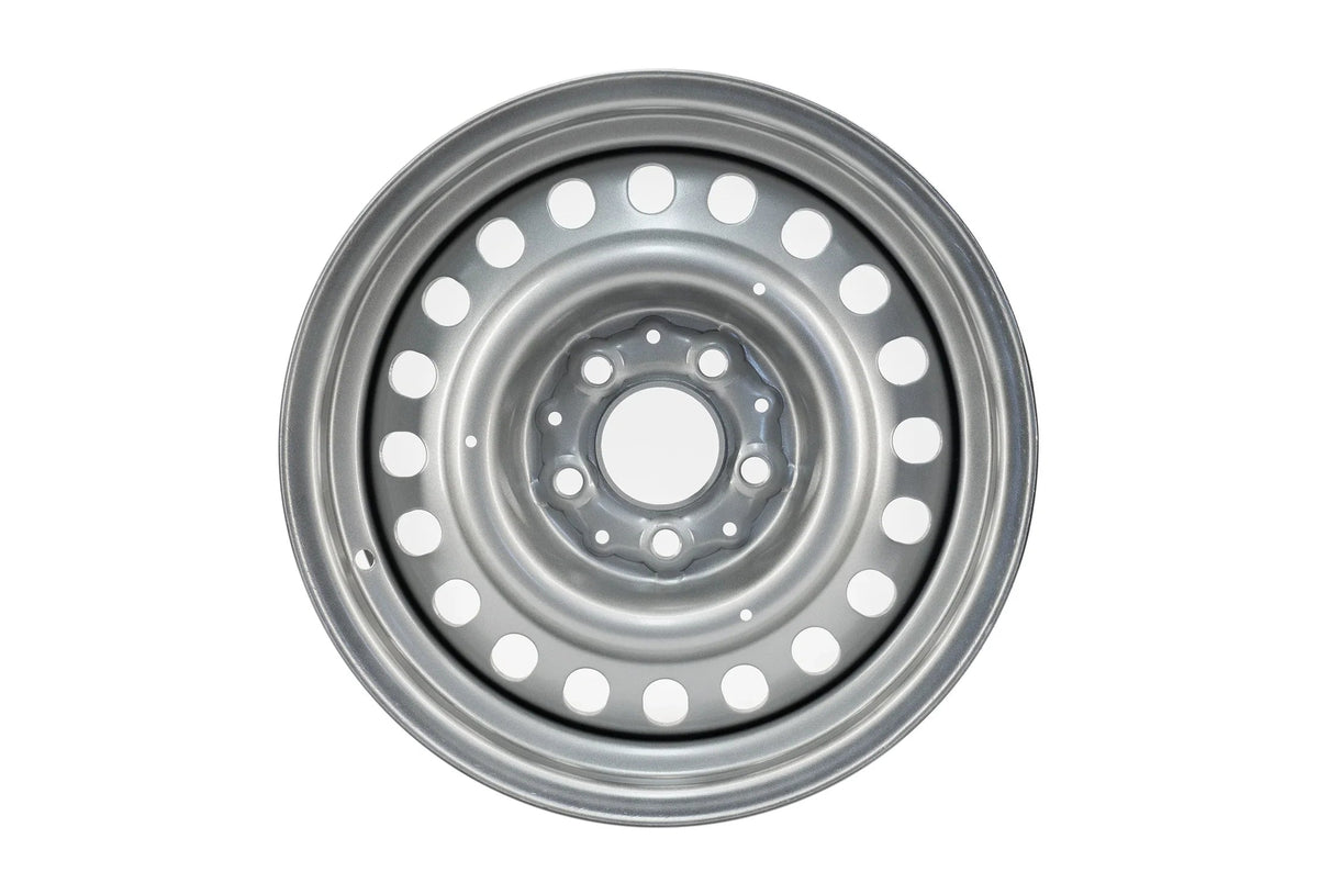 GoWesty 15-inch steel wheel set for 2WD and 4WD Bus and Vanagon vehicles, showing two silver steel wheels with black centers.