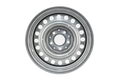 GoWesty 15-inch steel wheel set for 2WD and 4WD Bus and Vanagon vehicles, showing two silver steel wheels with black centers.