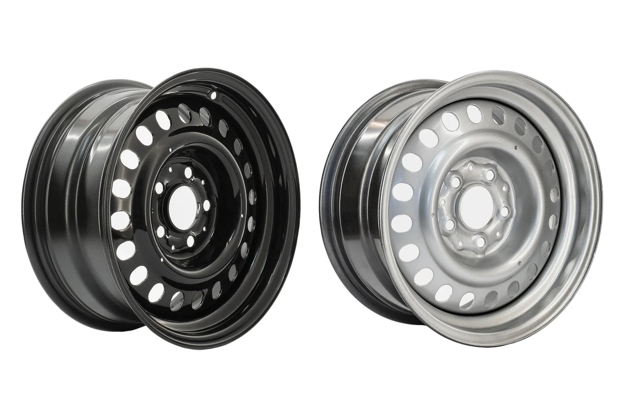 GoWesty 15-inch steel wheel for bus and Vanagon, suitable for 2WD and 4WD models, shown from front view.