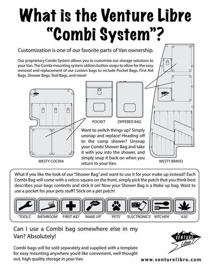 GoWesty leather patches for combi bags, showing close-up of textured brown leather patches on bag surface.