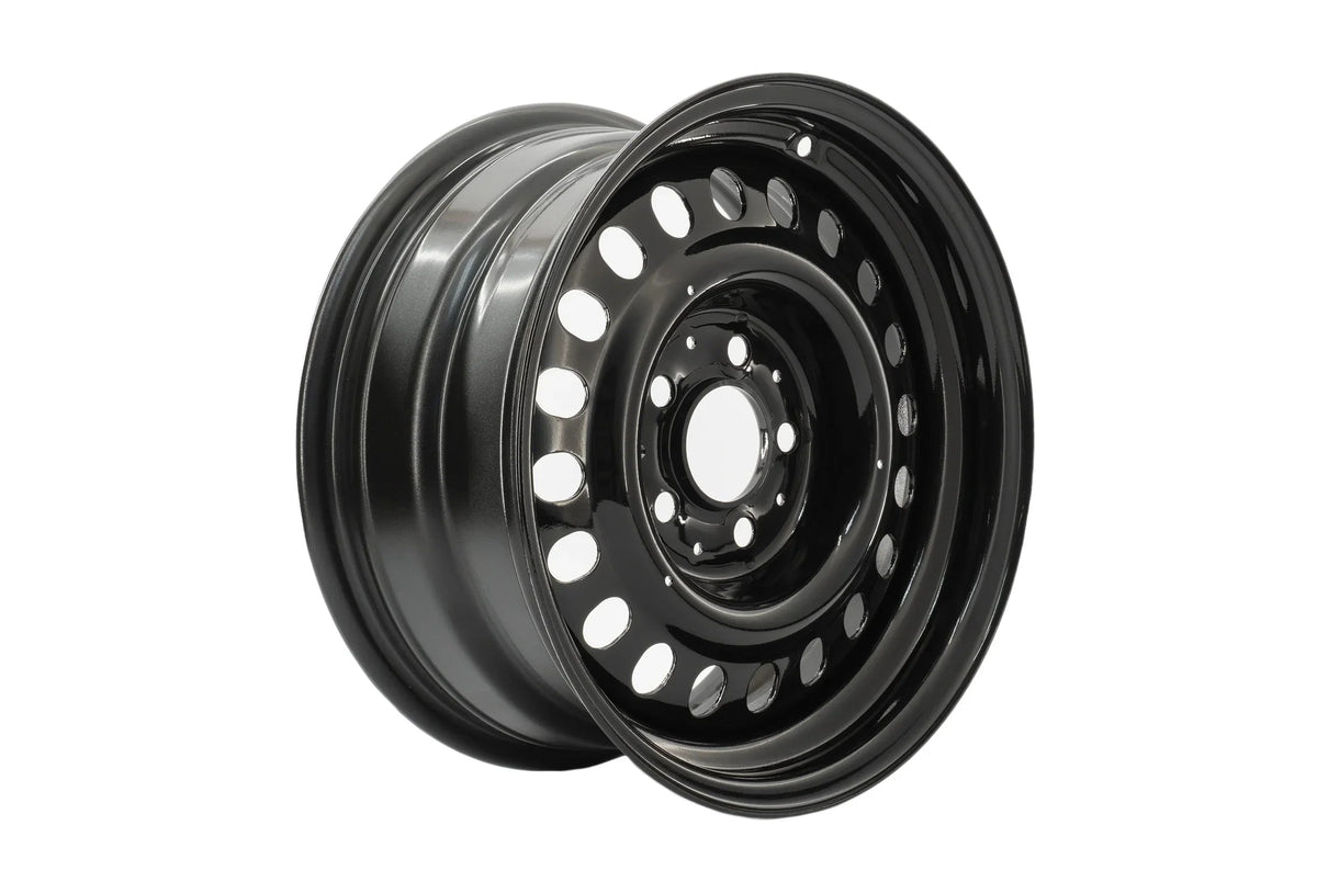 GoWesty 15-inch steel wheel set for 2WD and 4WD Bus and Vanagon vehicles, shown installed on a vehicle.