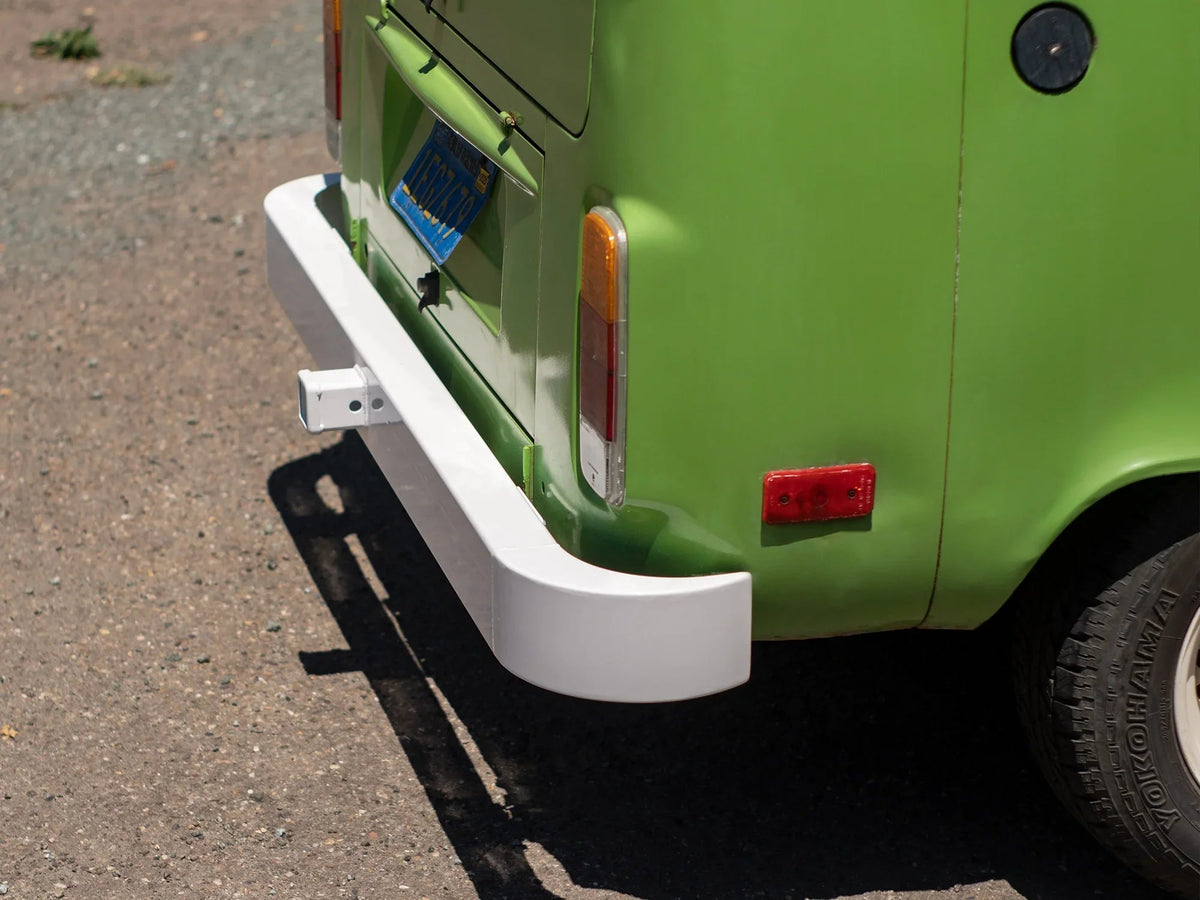 GoWesty rear bus bumper with integrated hitch, black metal automotive bumper assembly