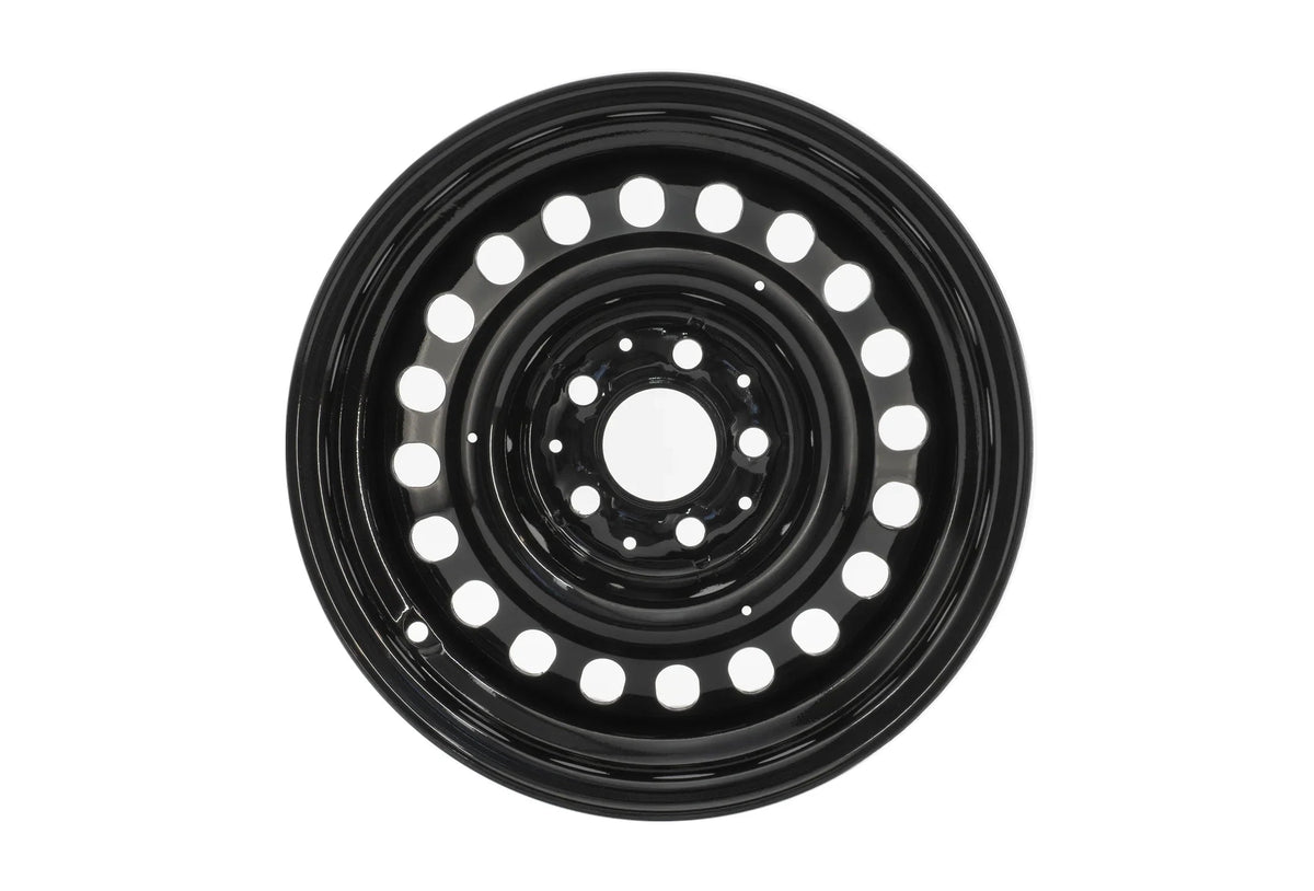 GoWesty 15-inch steel wheel set for 2WD and 4WD Bus/Vanagon, showing four durable steel wheels with black finish.
