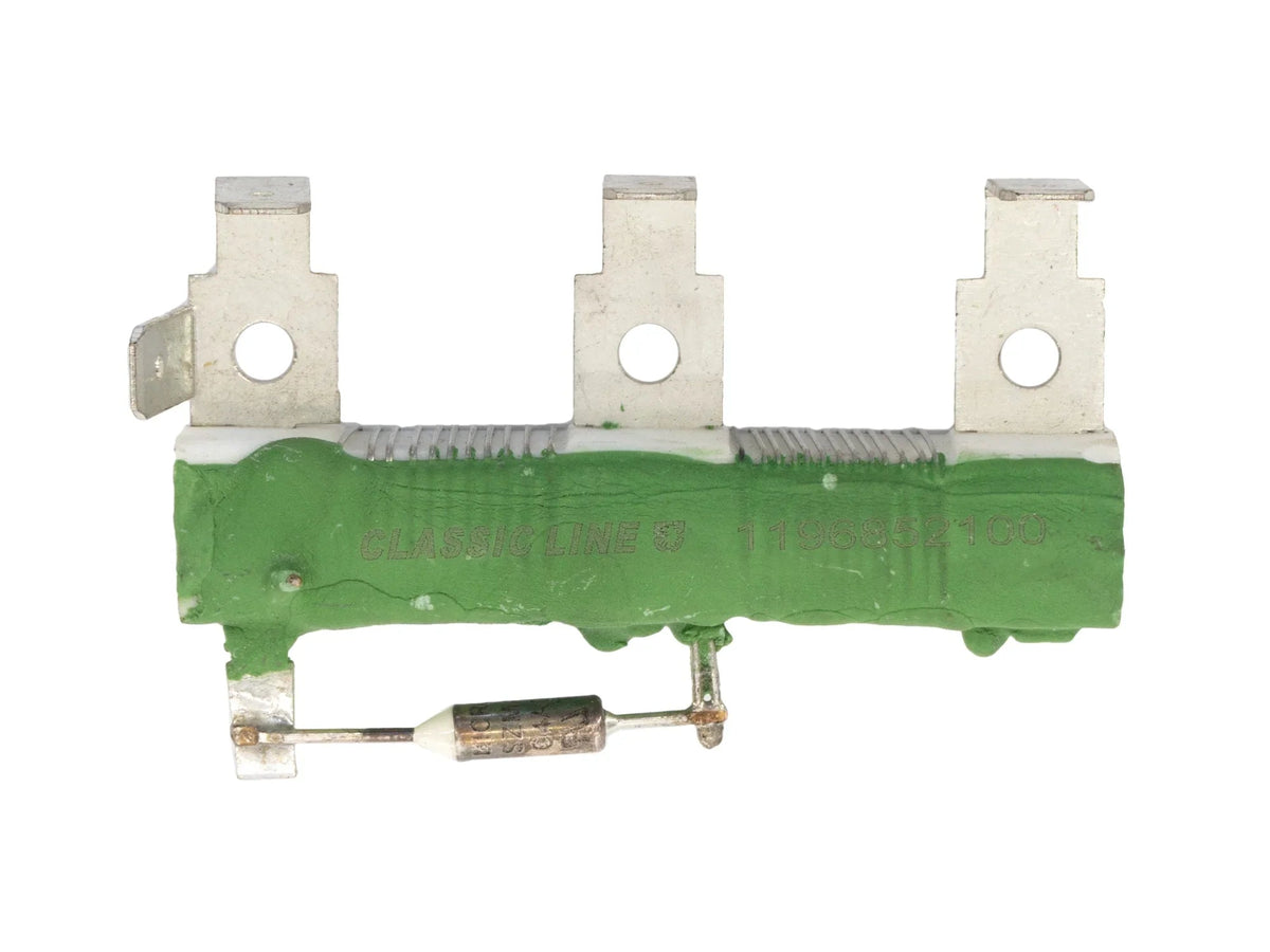 GoWesty rear heater core fan resistor showing electrical connectors and metal mounting bracket.
