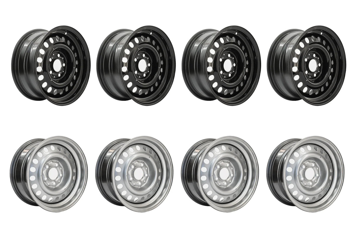 GoWesty 15-inch steel wheel set for bus and Vanagon, suitable for 2WD and 4WD models, shown from a front angle.