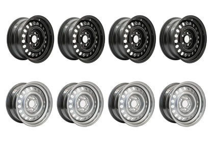 GoWesty 15-inch steel wheel set for bus and Vanagon, suitable for 2WD and 4WD models, shown from a front angle.