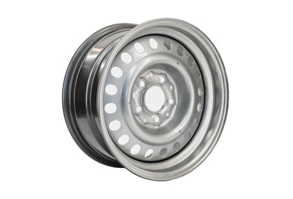 GoWesty 15-inch steel wheel for bus and Vanagon 2WD/4WD vehicles, shown in a close-up view of the wheel's surface and rim.