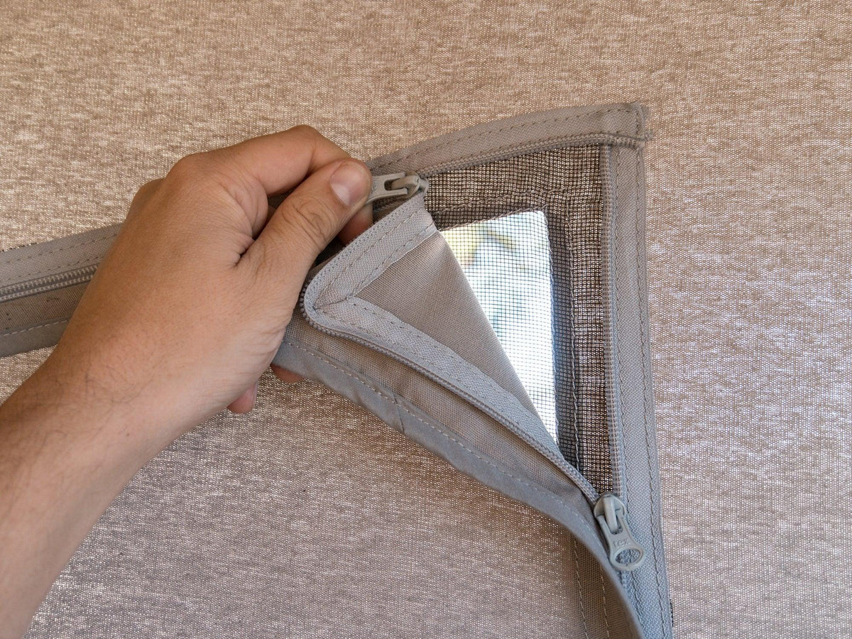 GoWesty cotton pop-top tent for late Vanagon camper, showing the fully extended tent with fabric and support poles.