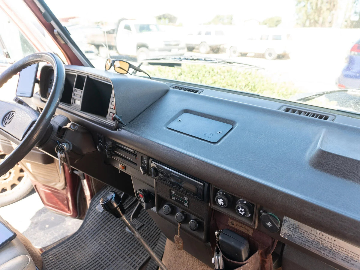 GoWesty Vanagon front ashtray delete kit installed, showing the clean dashboard area without the ashtray.